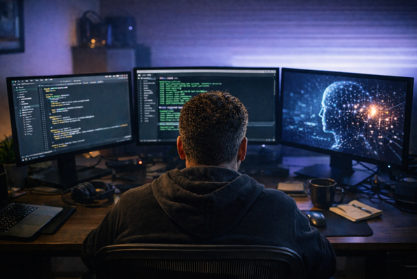 Developer workspace with three screens